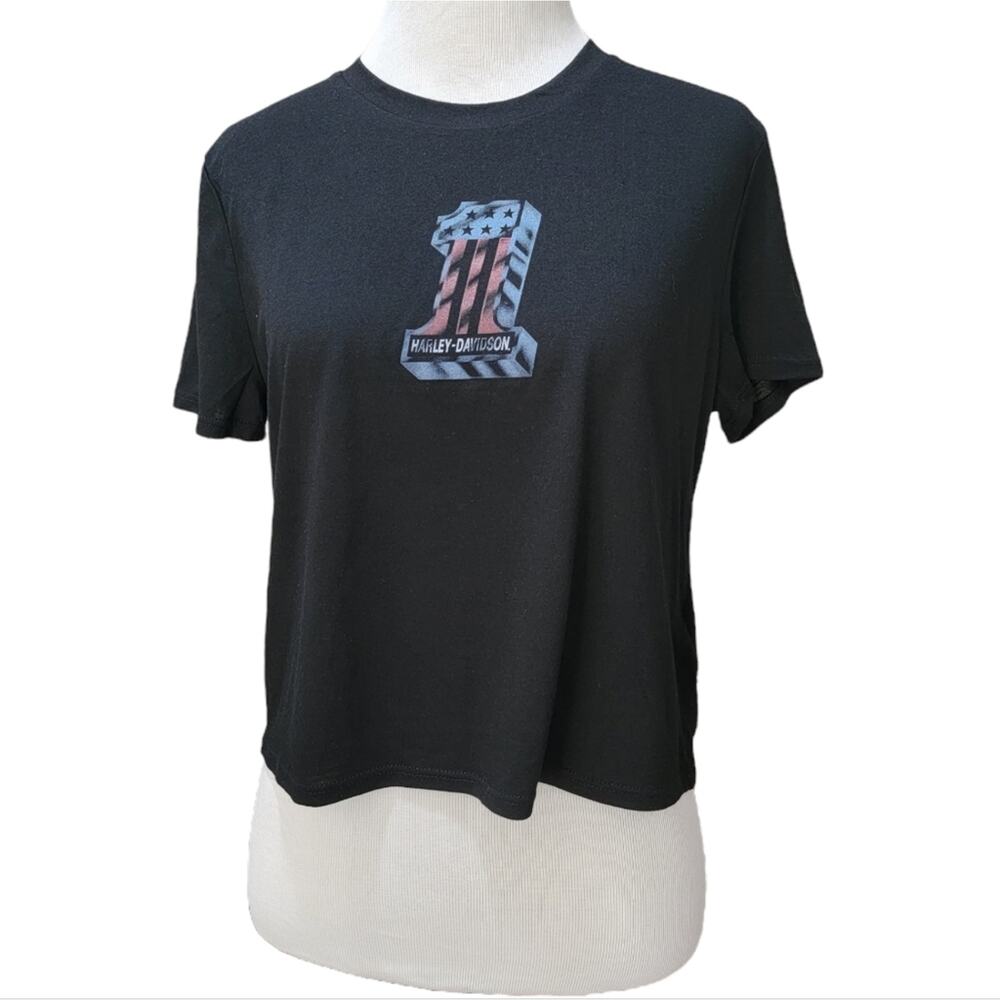 Harley-Davidson RWB # 1 Patriotic Flowy Crop Black Short Sleeve Tee S